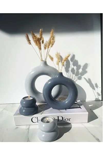 Zigzag Home 2 Piece Ring Vase Set of 2 Candle Holders Light Blue and Navy Blue Bohemian Decorative Vase Set of 4