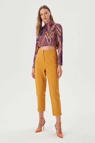 Park Karon Women's Mustard Classic Fabric Trousers with Waistband