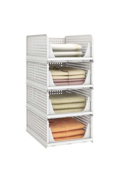 COOYA 4 Pack Storage Racks, Stackable, Sliding Design, Suitable for Wardrobe Cupboard Bathroom Office