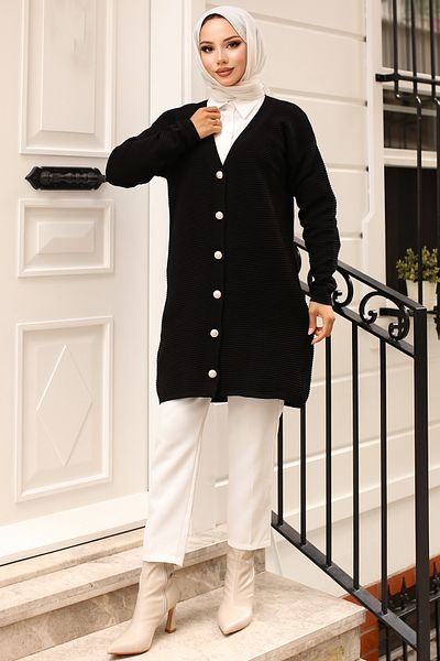 giyze Button Detailed Corded Cardigan Black 3091