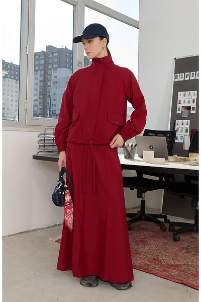 Fatma Atasoy Zippered Stand Collar Claret Red Trench Jacket