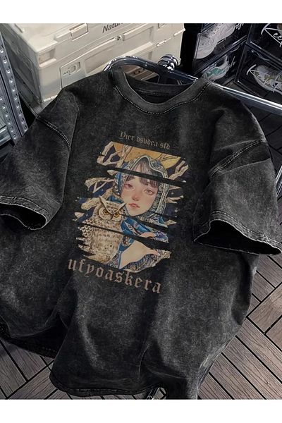Touz Moda Vintage Owl and Girl εμπριμέ Oversize Vintage T-Shirt