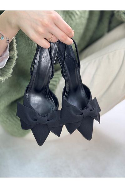 Nstil Daily Women's Black Shoes Bow Detailed Flexible Strap Pointed Toe Thin Heeled Evening Dress Shoes 1027