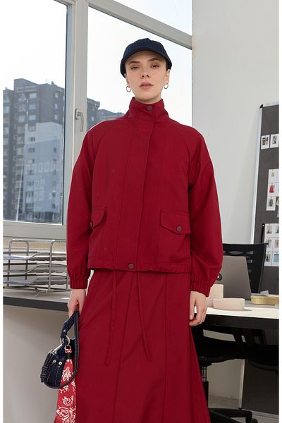 Fatma Atasoy Zippered Stand Collar Claret Red Trench Jacket