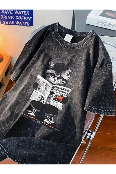 Touz Moda Vintage χαριτωμένο γάτα με στάμπα Oversize Vintage T-shirt