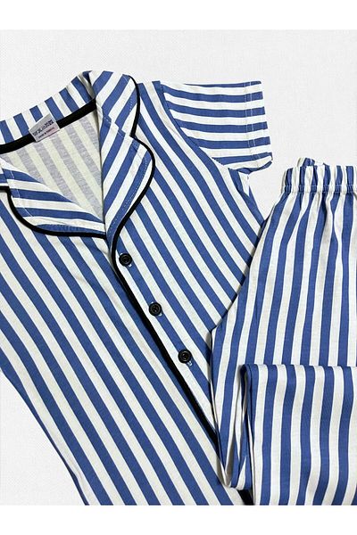 Fil Kids Set de pijamale de vară cu mânecă scurtă, 100% bumbac, cu dungi albastre, guler de cămașă pentru băiat