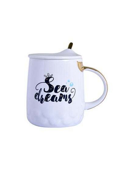 HALAMODO Sea Dreams Printed Cup With Lid And Spoon White