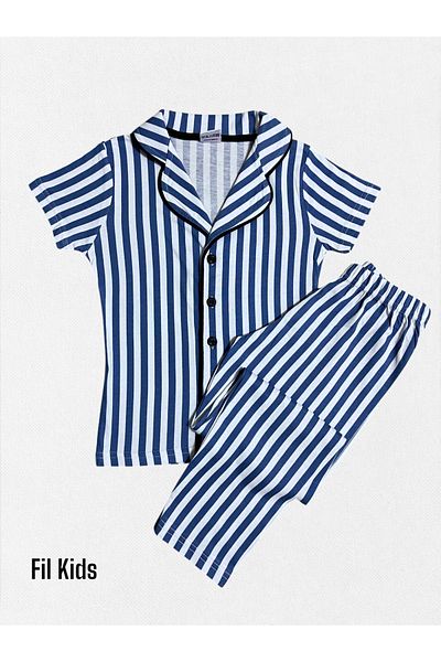 Fil Kids Set de pijamale de vară cu mânecă scurtă, 100% bumbac, cu dungi albastre, guler de cămașă pentru băiat