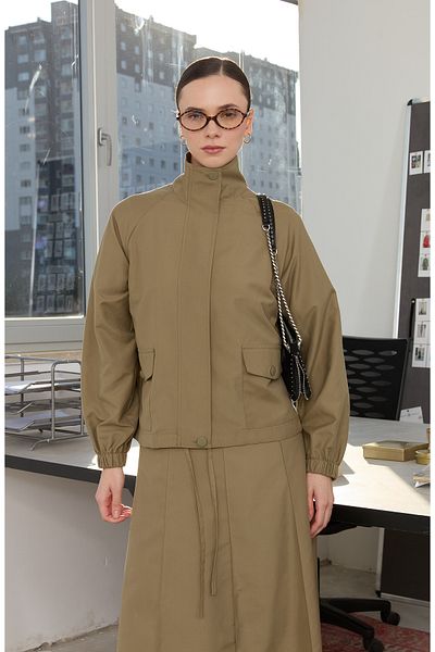 Fatma Atasoy Zippered Stand Collar Khaki Trench Jacket