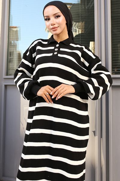 giyze Button Detailed Striped Knitwear Dress Black 11031-08