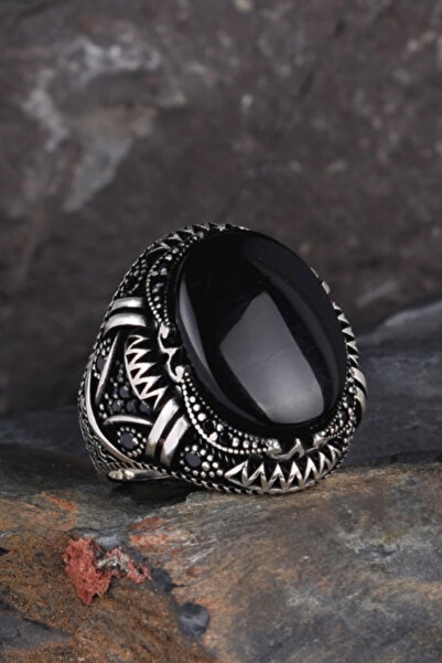 Diriliş Takı Oval Oniks Taşlı Örgü Model Gümüş Yüzük