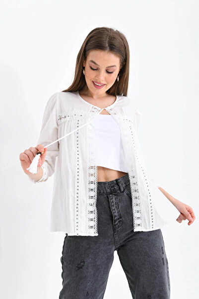 Park Karon Bone Colored Front Tie Blouse