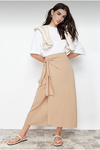 TESETTÜR AKBAŞ Kruvaze Bağlama Detaylı Dokuma Keten Görünümlü Etek