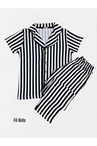 Fil Kids Set de pijamale de vară cu mânecă scurtă, 100% bumbac, cu dungi negre, guler de cămașă pentru băiat