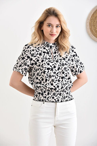 Park Karon Patterned Elastic Short Sleeve Blouse