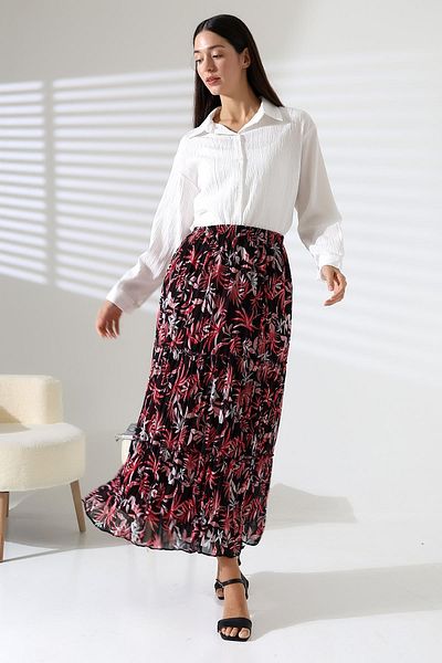 ribana Pleated Elastic Waist Chiffon Skirt Black - Sif01