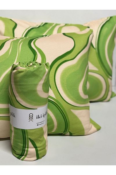 iki iplik Set cearșaf dublu elastic 100% bumbac - model verde retro val