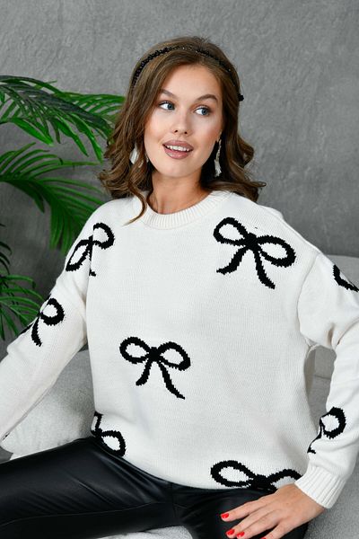 Park Karon Women's Crew Neck Patterned Loose Knitwear Sweater