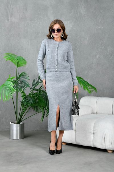 Park Karon Women's Button Detailed Skirt Slit Double Knitwear Set