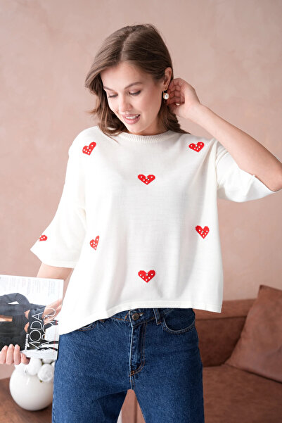 Park Karon Дамски пуловер с бродерия от плетиво с кръгло деколте и камъни