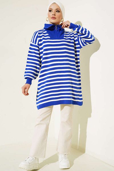 giyze Zippered Collar Striped Knitwear Tunic Saks Blue 11020-03
