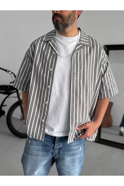 BYBASICMAN Anthracite Vertical Striped Short Sleeve Shirt V-40-482