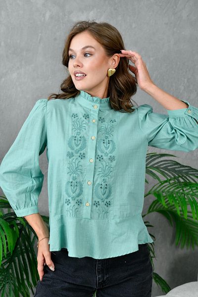 Park Karon Çağla Collar Ruffled Embroidery Detailed Women's Blouse