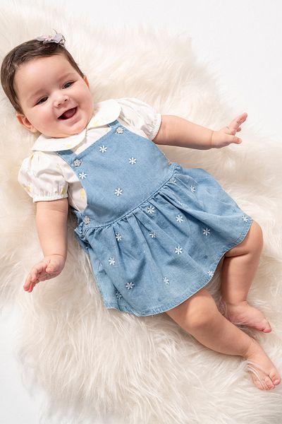 Cassiope Scalloped Collar Short Sleeve Blouse Combination Flower Embroidered Suspender Denim 2-Piece Baby Girl Dress