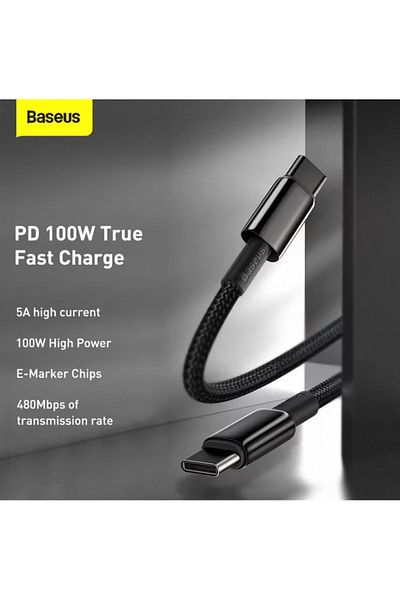 Baseus 2m Black Pd 100w Type-c To Type-c Cable For Huawei Xiaomi 5a Fast Charger