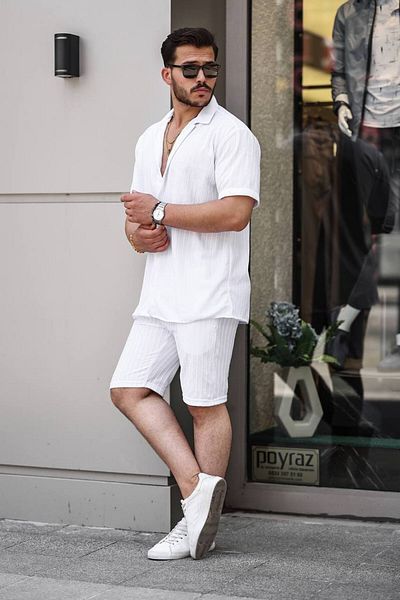 Tex Republic Ανδρικό λευκό στριφτό καλοκαιρινό Basic Oversize σορτς πουκάμισο