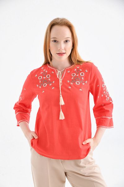 Park Karon Ethnic Κέντημα Λεπτομερής Γυναικεία Μπλούζα Crew Neck