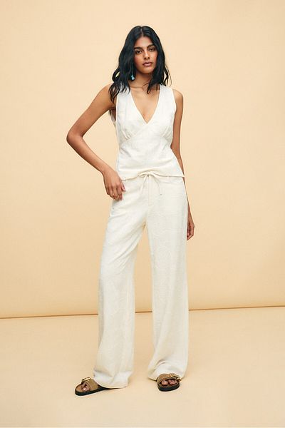 Stradivarius Linen blend embroidered straight-leg trousers