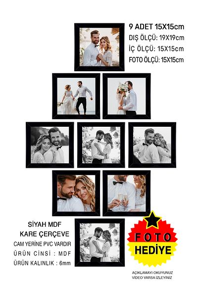 bymat 9 Pieces 15X15 Mdf Frame Can Paste - Can Be Used on the Desktop - Black Square Frame