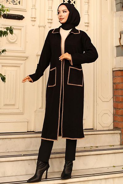 giyze Zigzag Detailed Long Pocket Knitwear Cardigan Black 24405