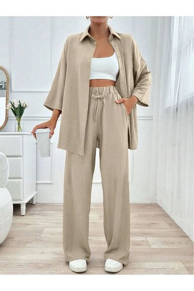 New Lune Women's Clothing Beige Wrinkle Fabric Shirt Pants Suit, Two-Piece Suit, Suitable for Hijab