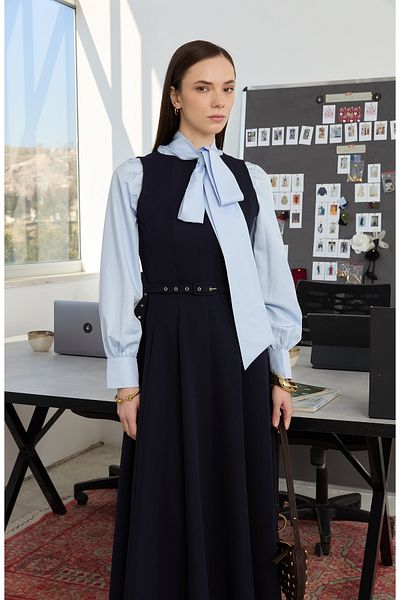 Fatma Atasoy Navy Blue Princess Gilet with Plated Belt