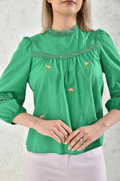 Park Karon Bluză de damă din in broderie cu mânecă lungă - Detaliu Guipură