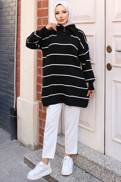 giyze Zippered Collar Striped Knitwear Tunic Black 11037-30