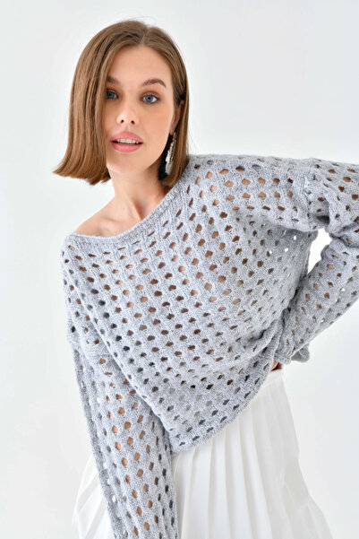 Park Karon Oversize Crew Neck - Glitter Knit Detailed Knitwear Sweater