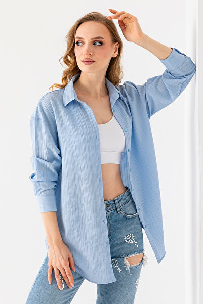 GİYSA Дамска риза с дълъг ръкав, стандартна кройка, текстурирана, светлосиня ...