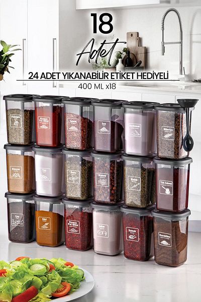 Kitchen Life مجموعة من 18 غطاءً مُعلَّمًا وقابلًا للقفل مع ملاعق - برطمانات توابل قابلة للقفل