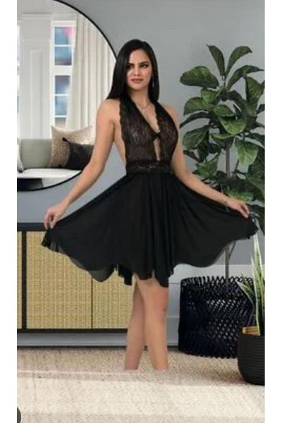 H&S STORE Frilled Bat Robe Black Back and Deep Bust Decollete Transparent