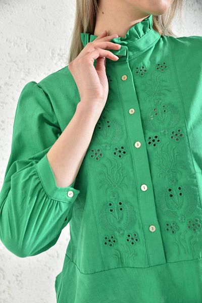 Park Karon Green Ruffled Collar Embroidery Detailed Women's Blouse