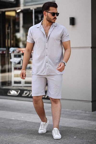 Tex Republic Men's Gray Twisted Summer Basic Oversize Shorts Shirt Set