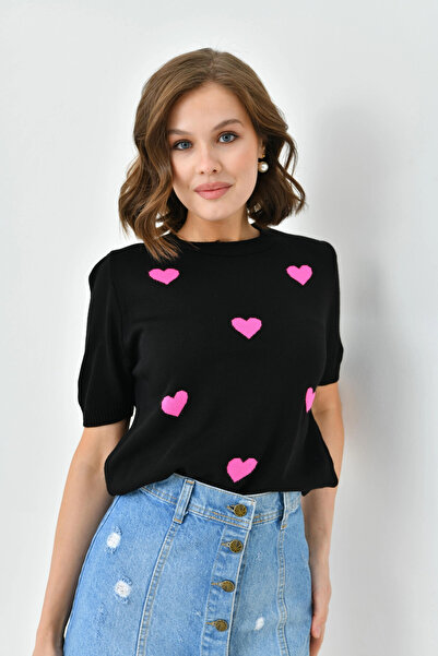 Park Karon Crew Neck Heart Patterned Transitional Knitwear Sweater