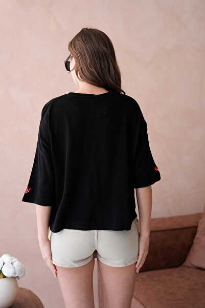 Park Karon Pulover de damă, cu gât roșu, brodat cu piatră