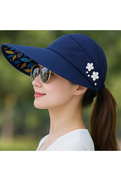 Buldug UV Korumalı Katlanabilir Geniş Kenarlı Çiçek Desenli Güneş Şapkası Mavi