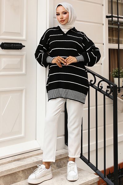 giyze Ribbed Striped Knitwear Tunic Black 11033-61