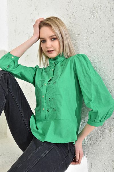 Park Karon Green Ruffled Collar Embroidery Detailed Women's Blouse