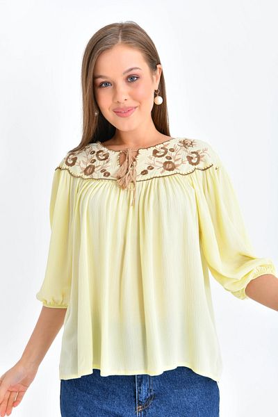 Park Karon Embroidery Detailed Women's Loose Blouse - with Tie Detail